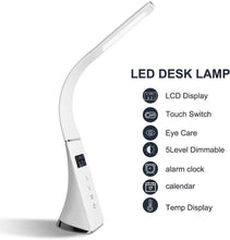 Load image into Gallery viewer, LED Desk Lamp,Eye-Caring Table Lamp,Dimmable Office Study Desk Light with Calendar Thermometer Time&amp;Alarm Clock,3 Mode 5 Level